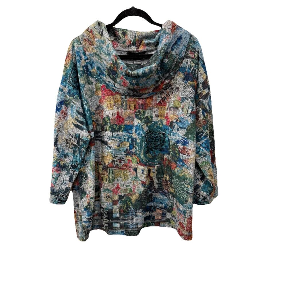 Ali Miles 2X Abstract Village Art Print Cowl Neck Sweater Top Brushed Knit